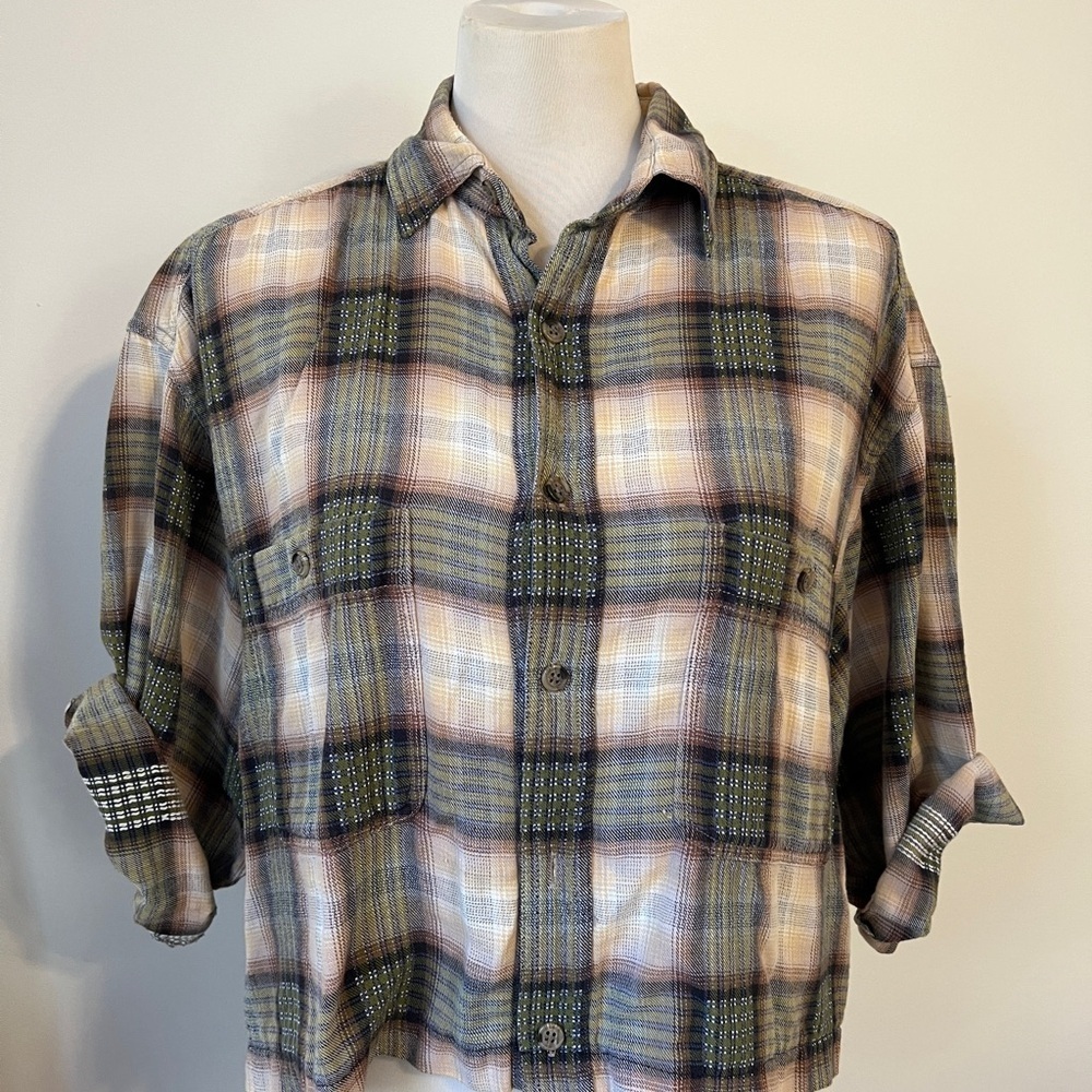 Guess Jeans Cropped Plaid Button Up Top Oversized Medium Vintage Y2K grunge